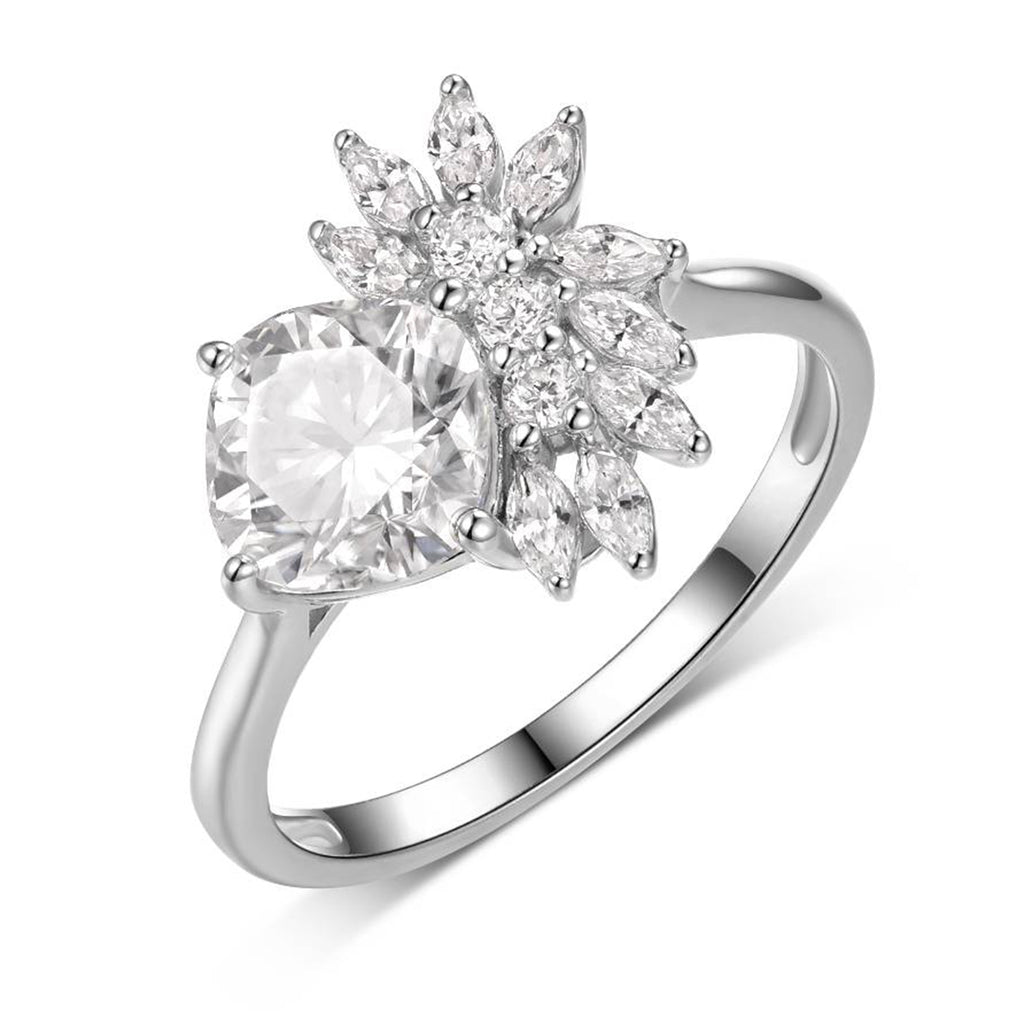 S925 Argent Sterling 7x7mm Coussin Moissanite Anneau 2ct D Couleur VVS1 Starburst Cluster Plat