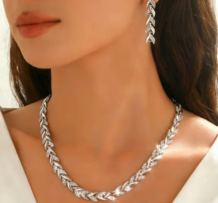 2PCS Collier de collier de feuille de verre Set Élégant collier chaîne en Strass Bracelet pour femme Mode