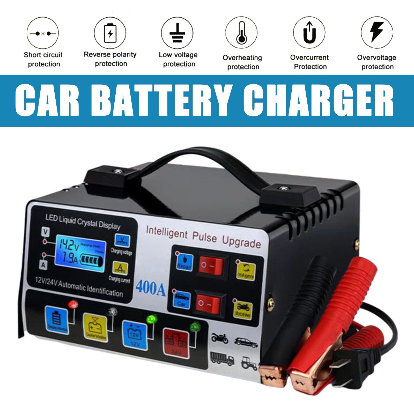 400W Chargeur de batterie de voiture intelligente de poids lourds Automatic Pulse Repair Trickle UK