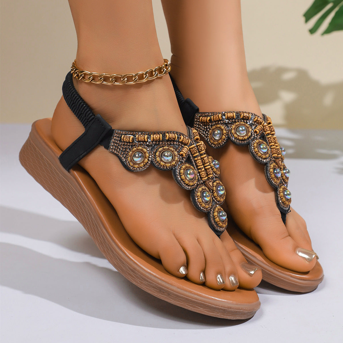 Flip-flops de style bohème avec boucles en Strass perles Design élastique