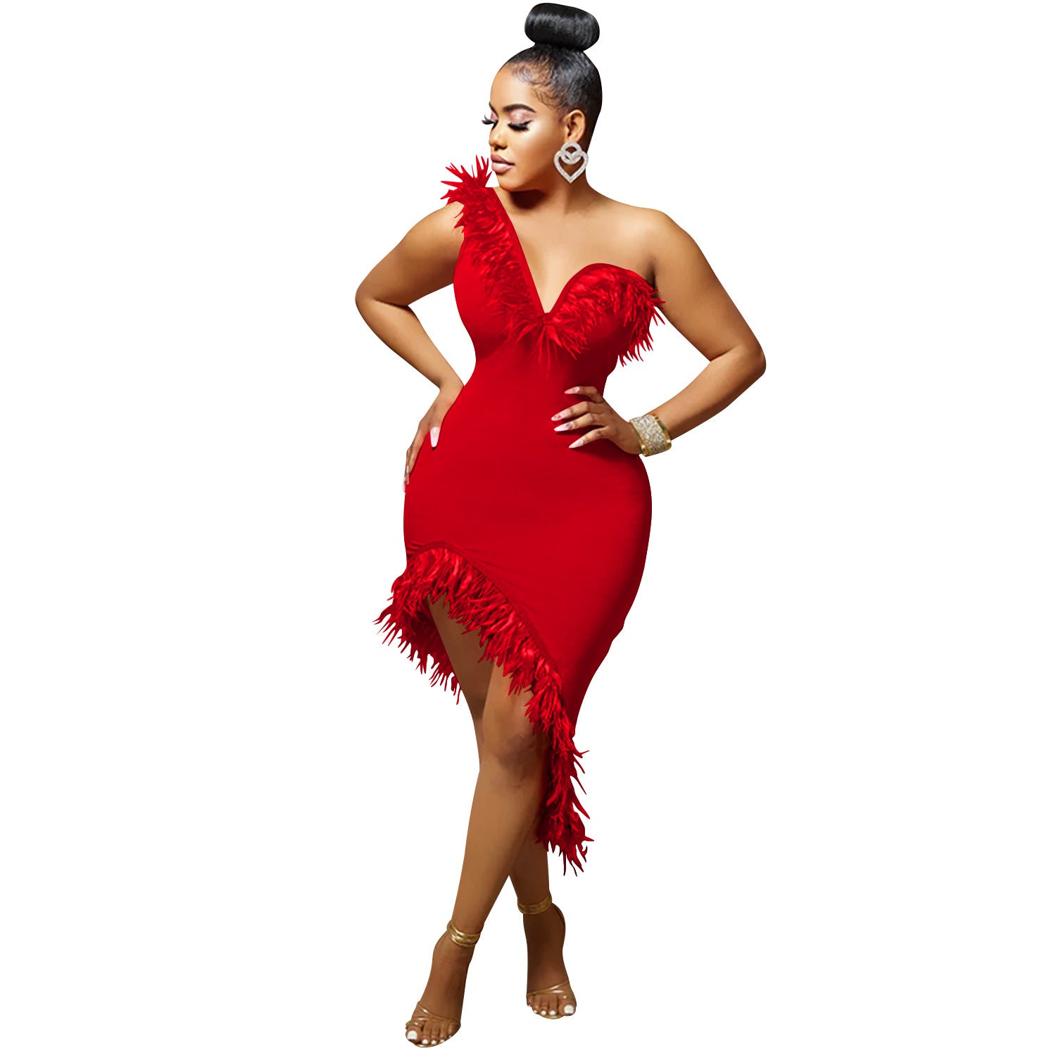 Robe sans manches sans col en V à plumes de poitrine Irrégulier Midi