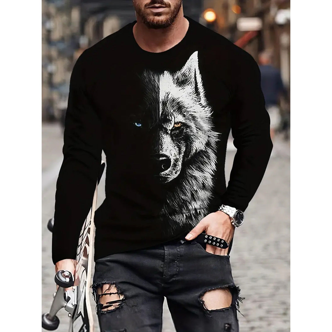 T-shirt retro homme 3D Imprimé Street Hip-hop Col rond Col rond Manches longues