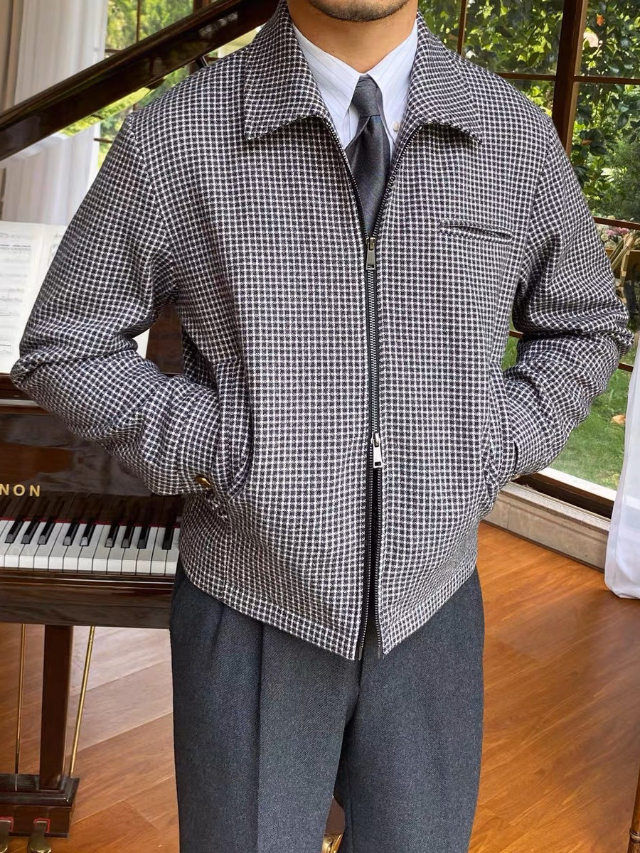 Retro Zipped Houndstooth Casual Coat Retro Lapel Casual Warm Jack à la main