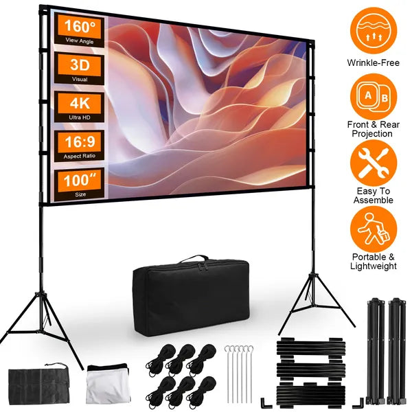 100inch/120inch Projector Screen Options with Stand 16:9 4K HD Front/Rear Wrinkle-Free Por
