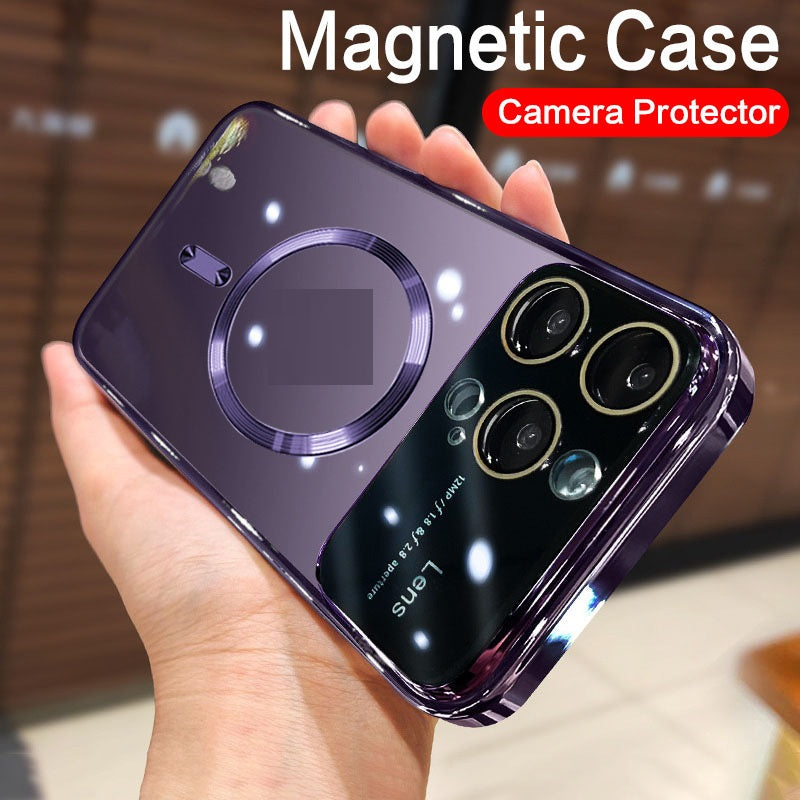 Coque de téléphone Grande fenêtre Electroplating magnétique transparent Couverture de protection tout compris
