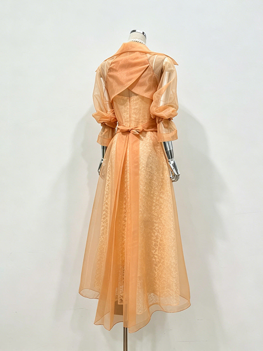 Sheer Organza Trench-Style Maxi Coat
