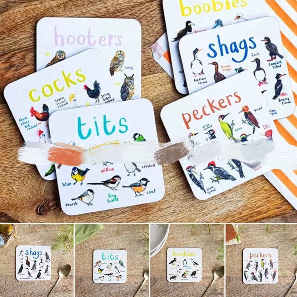 Sous-verres de pun d'oiseau Fun Square Boissons sous-verre pour enfants Tapis de coupe en bois et PVC Accueil Kitch