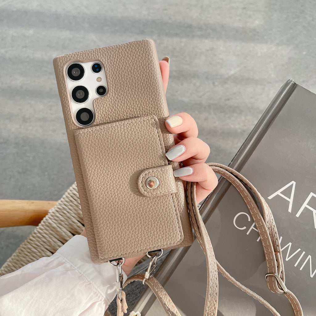 S23Ultra Lychee Carte Pattern Gauche et Droite Étui de téléphone Crossbody ouvert