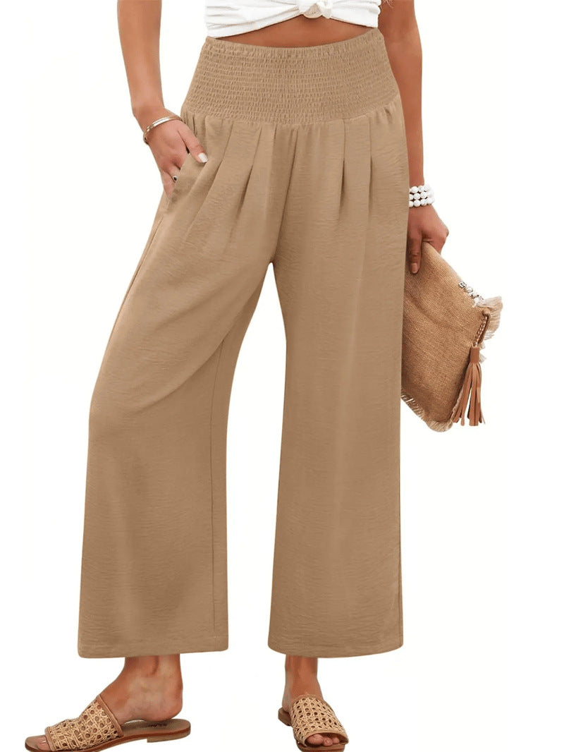 Printemps et automne Couleur solide Pantalons de femmes broyés haute taille taillés droit-leg Casual
