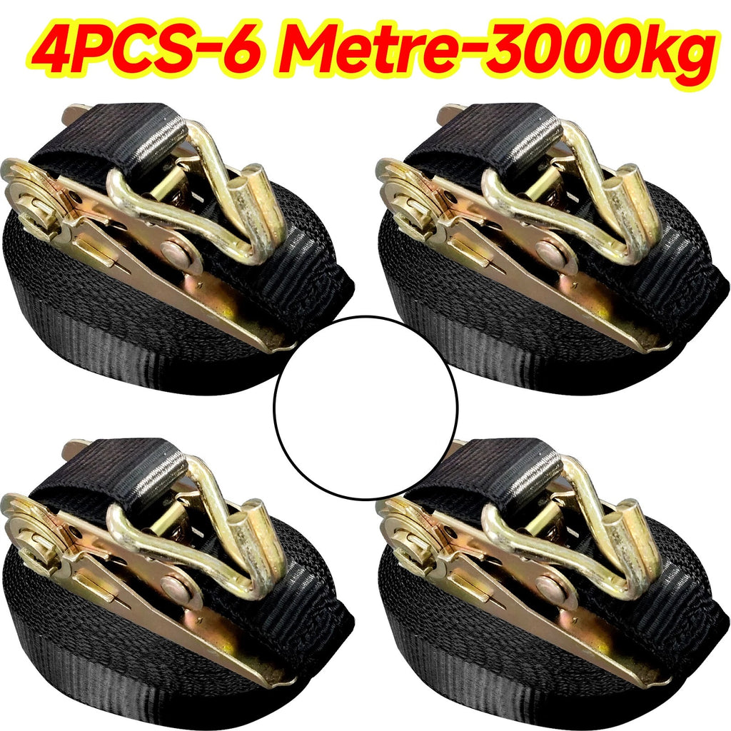 Attache à cliquet vers le bas 4 X 25mm Sans fin 6 Metre Noir 3000kg Attache à cliquet UK
