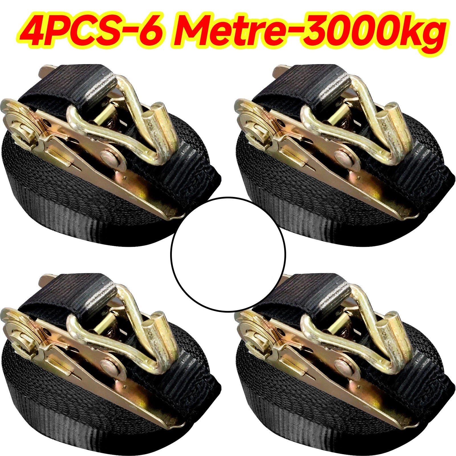 Attache à cliquet vers le bas 4 X 25mm Sans fin 6 Metre Noir 3000kg Attache à cliquet UK