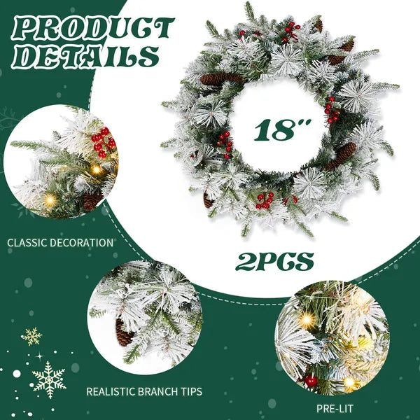 2 Pack 18in Pre-Lit Snow Flocked Christmas Wreath