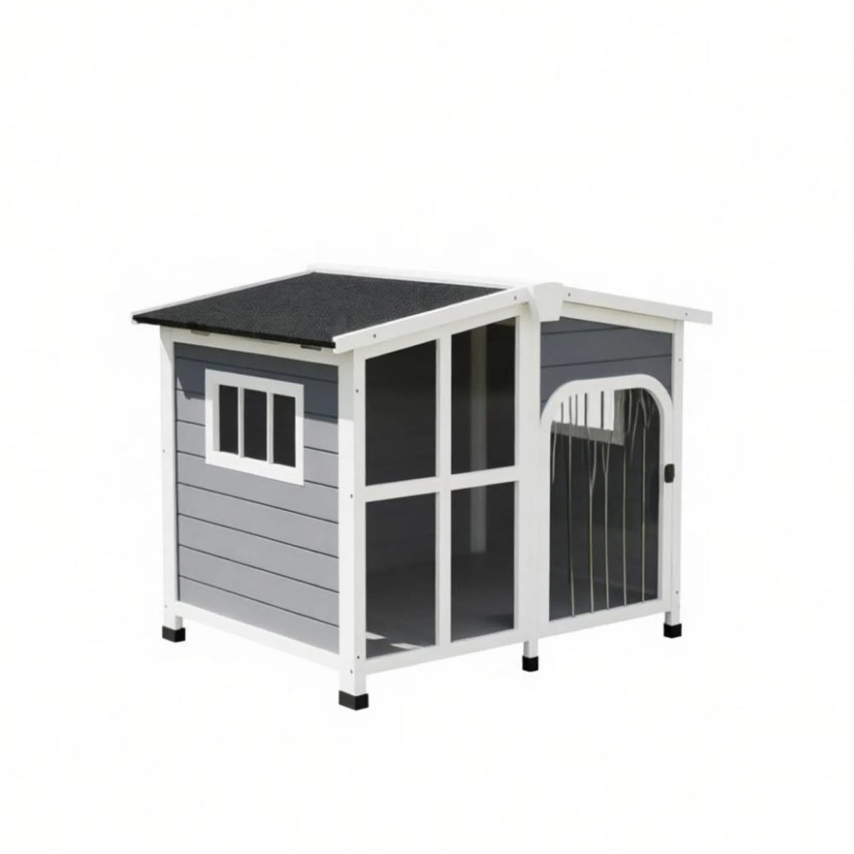 Grand abri pour animaux de compagnie en bois de style chalet avec toit ouvrant et fenêtre géante gris