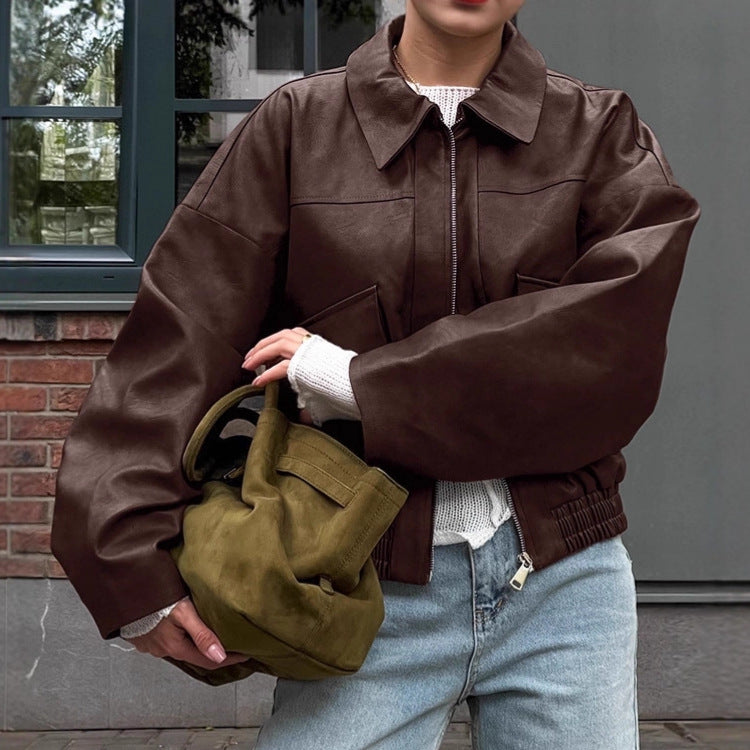 Retro AutomneHiver Vieux Style d'argent Veste en cuir pour les femmes