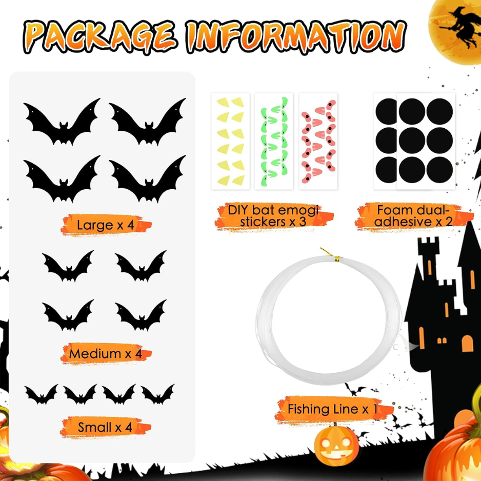 Décorations d'Halloween pour chauve-souris suspendues de 12 paquets 3 tailles assorties - Bat volant résistant aux intempéries