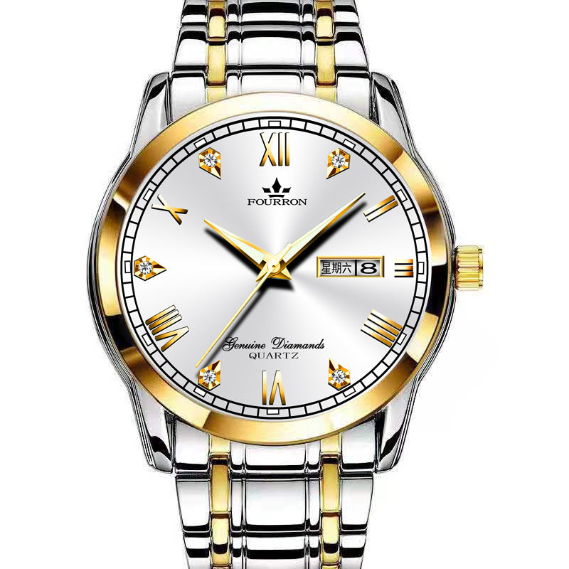 Double calendrier lumineux Quartz acier inoxydable Imperméable montre homme avec montre