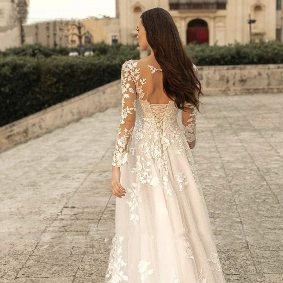 Robe de mariée à manches longues Mori Style nuptiale simple col rond