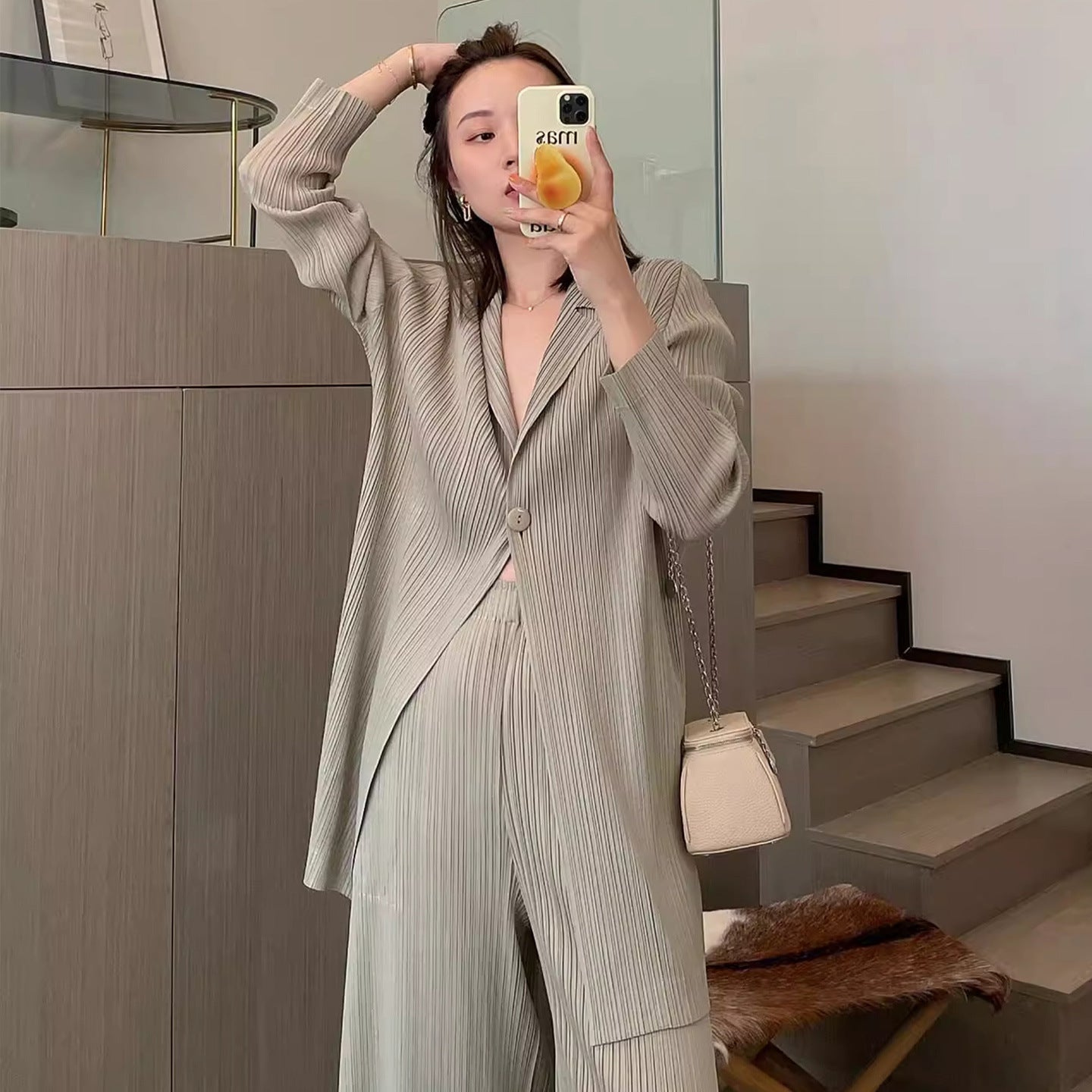 Ensemble de cardigan plissé pour femmes Minimalist Casual Veste et pantalons à manches longues à deux pièces