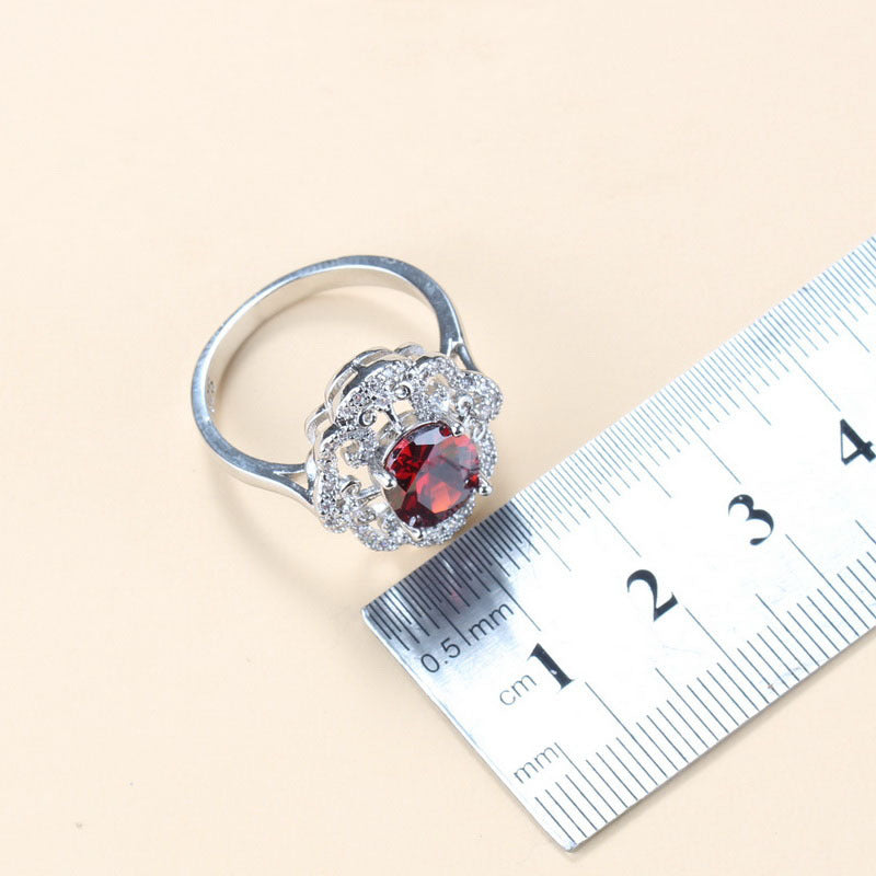Garnet Cubic Zirconia Boucles d'oreilles Collier pendentif Bracelet Bague Cadeau 4 PCs Set