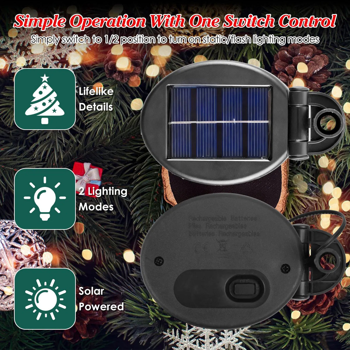 Arbre de Noël artificiel solaire - 50 LED chaudes et 2 modes d'éclairage