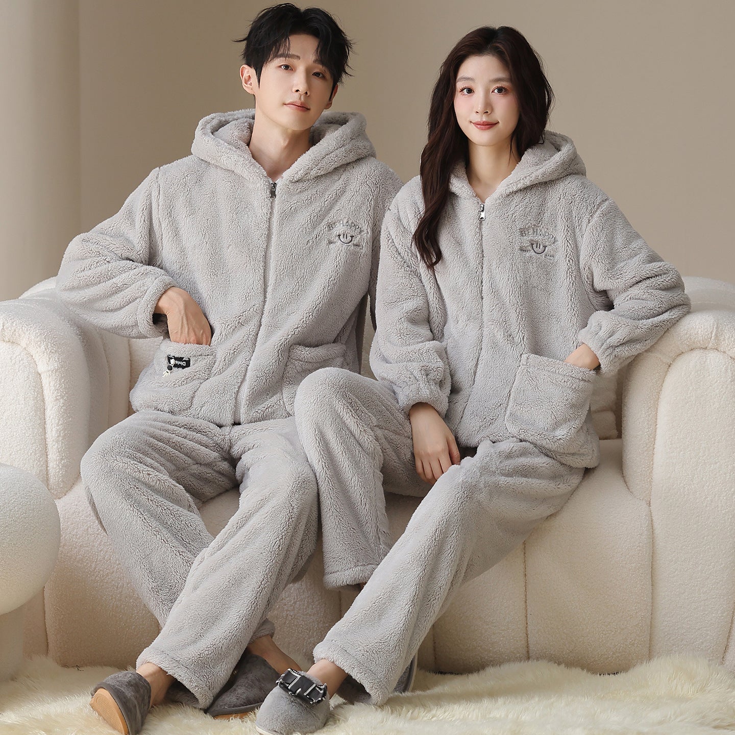 Couple peluche pyjama femme hiver casual zipper vêtements de dessus à capuche vêtements de maison pour hommes