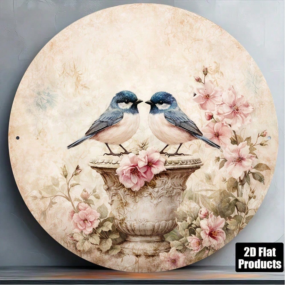 Vintage Bird & Flower Round Sign 8x8in Chinois Style Yard Decor
