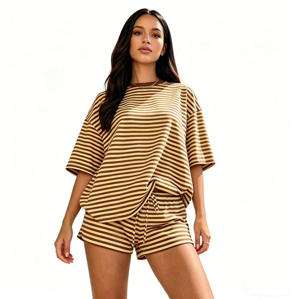 Ensemble de shorts à manches courtes à cordon rayé pour femmes mode