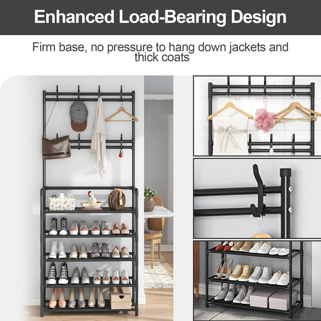 Porte-manteau et chapeau 8 crochets en métal Rack de chaussures 5 niveaux Étagère Hanger noir
