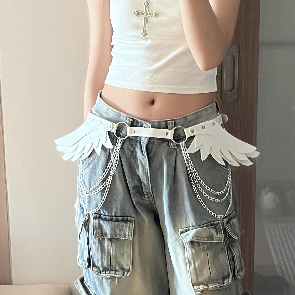 Y2K Sweet Cool Girl Belt Décoration avec Devil Angel Wings Chaîne de taille Subculture fille 2D