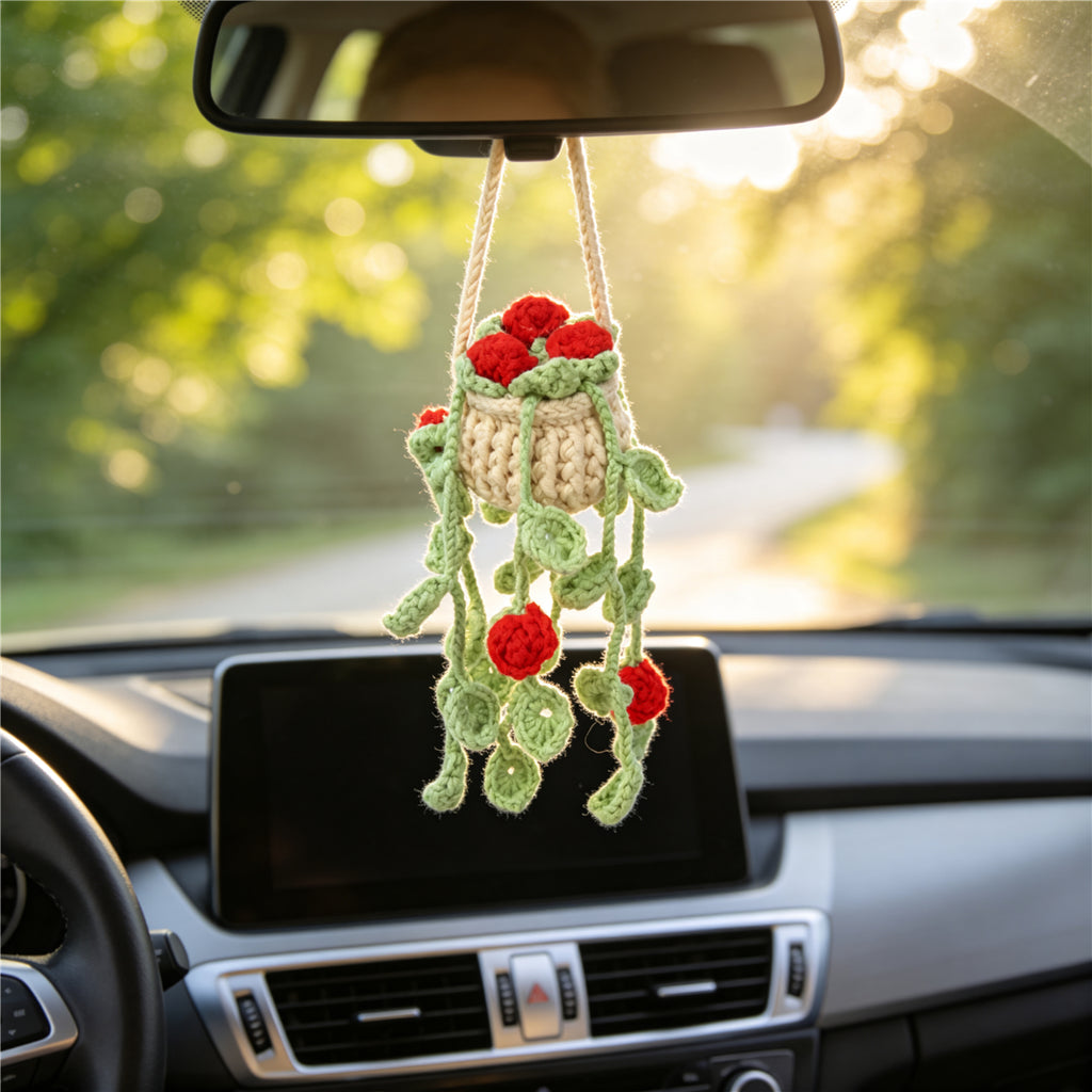 Crochet fait main Trailing Cœur Rouge Bud Vert Vigne Suspension Ornement Potté Fil doux Everl