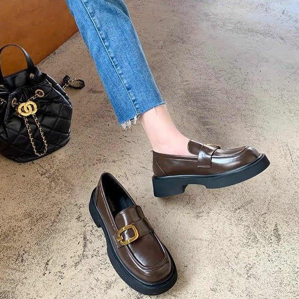 Femmes Un Strap Square Buckle Platform Block Heel Loafers