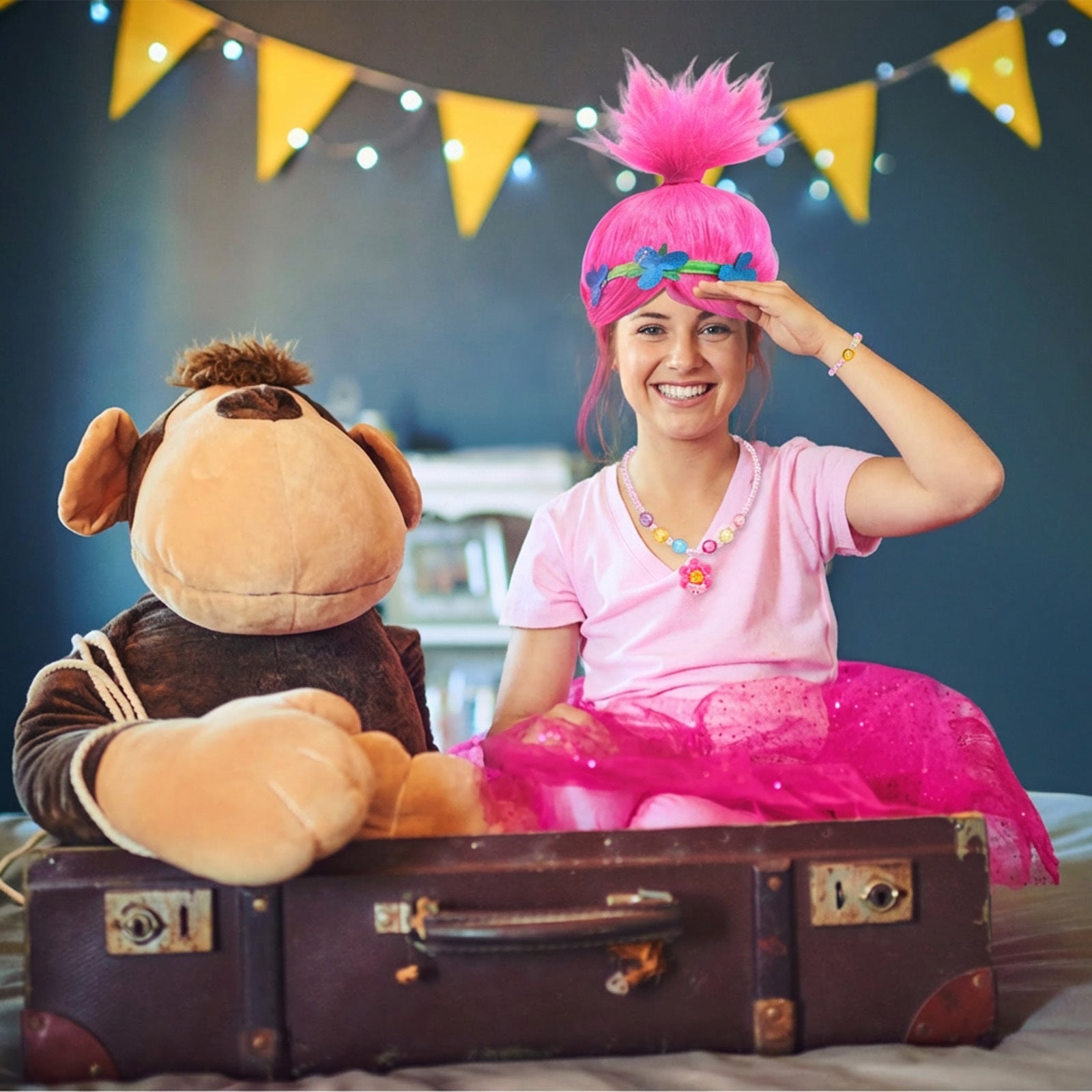 Ensemble de costumes de troll pour femmes avec perruque et sac