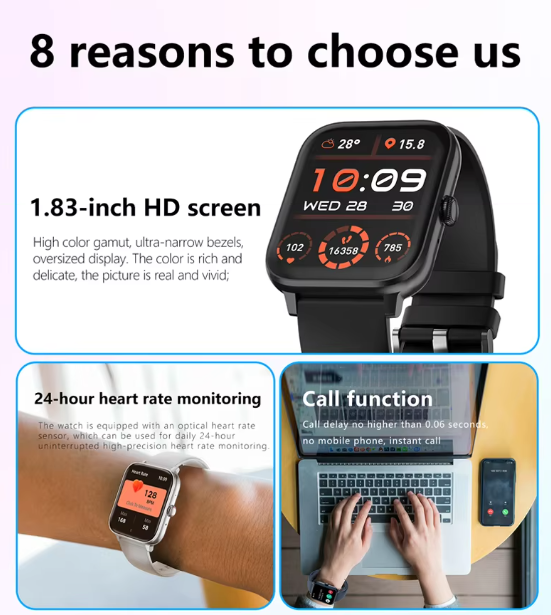 SmartWatch Hommes Femmes1.83inch BT Face fréquence cardiaque Fitness Tracker