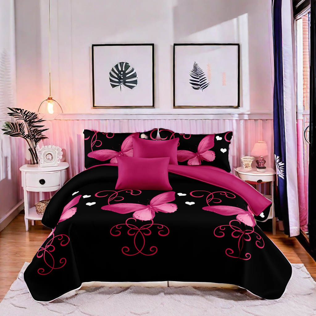 9-Piece violet et papillon noir couvre-lit et rideau