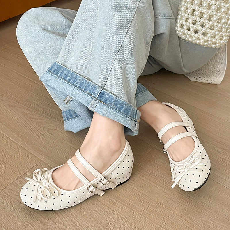 Femmes Sweet Preppy Deux Strap Mini Bow Mary Jane Flat Shoes Matching Daily