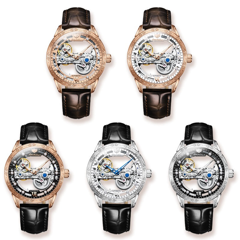 Montre mécanique openwork avec bracelet en cuir imperméable pour hommes