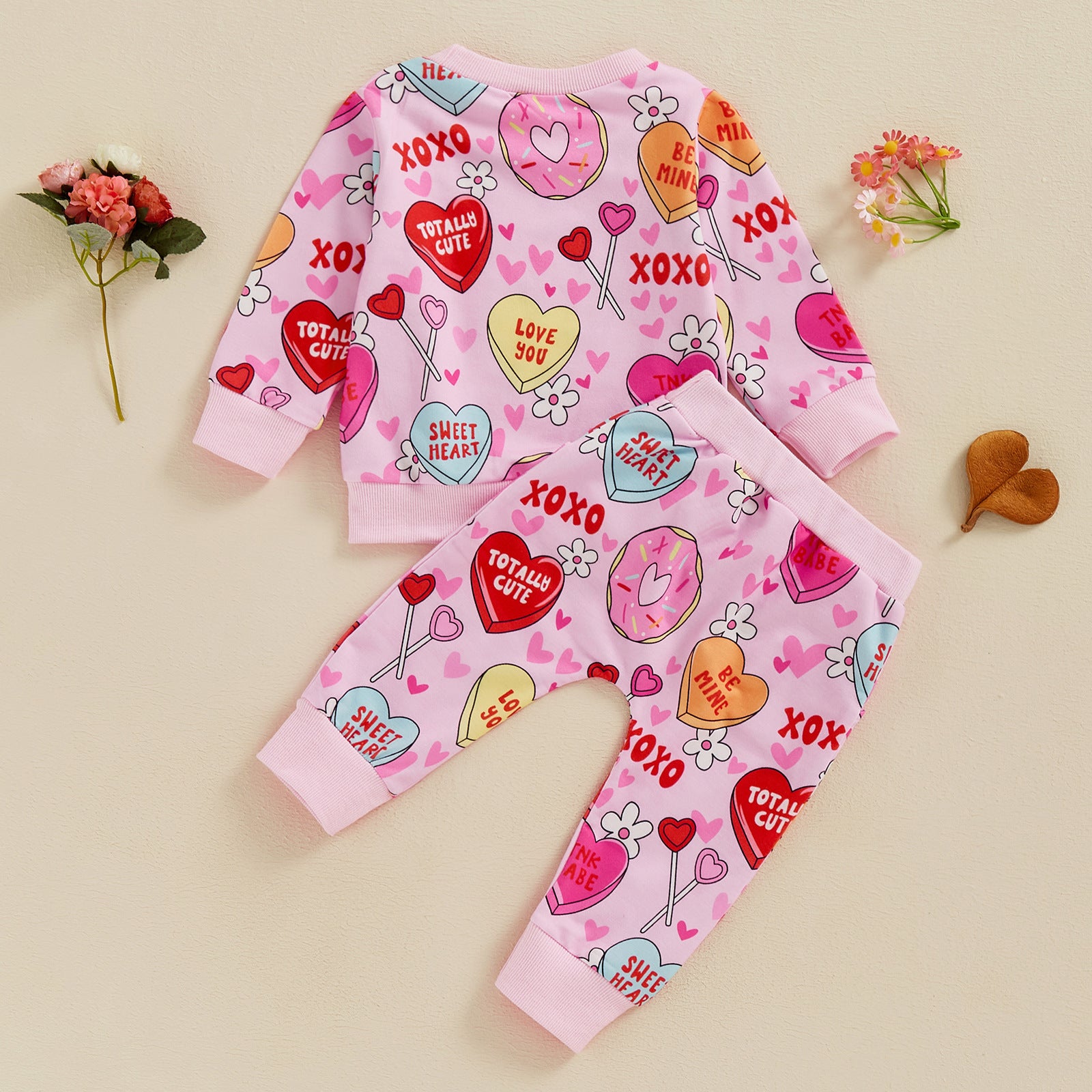 Bébé Tout-petit Love Floral Print Pantalon de pull à manches longues Ensemble deux pièces