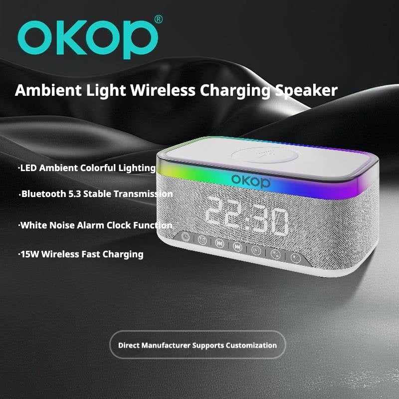 KP-559 15W Wireless Charging Clock Alarm Clock RGB Ambient Light White Noise Desk Blue