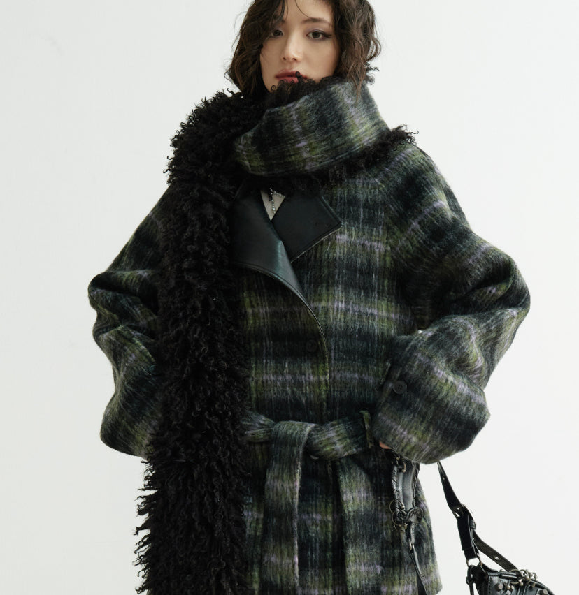 Manteau en laine de couleur mélangée en écharpe ultra-long