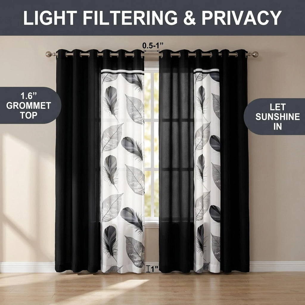 9-Piece noir et plume blanche couvre-lit et jeu de rideau