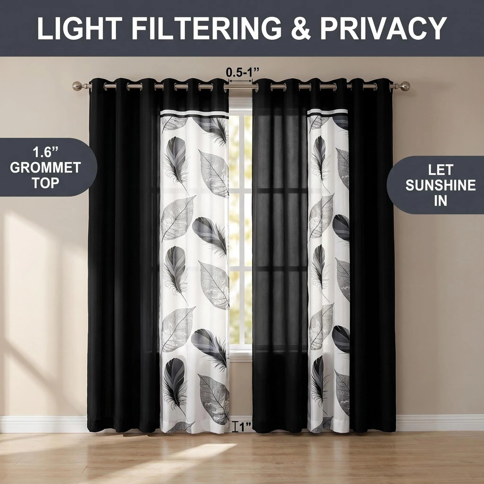9-Piece noir et plume blanche couvre-lit et jeu de rideau