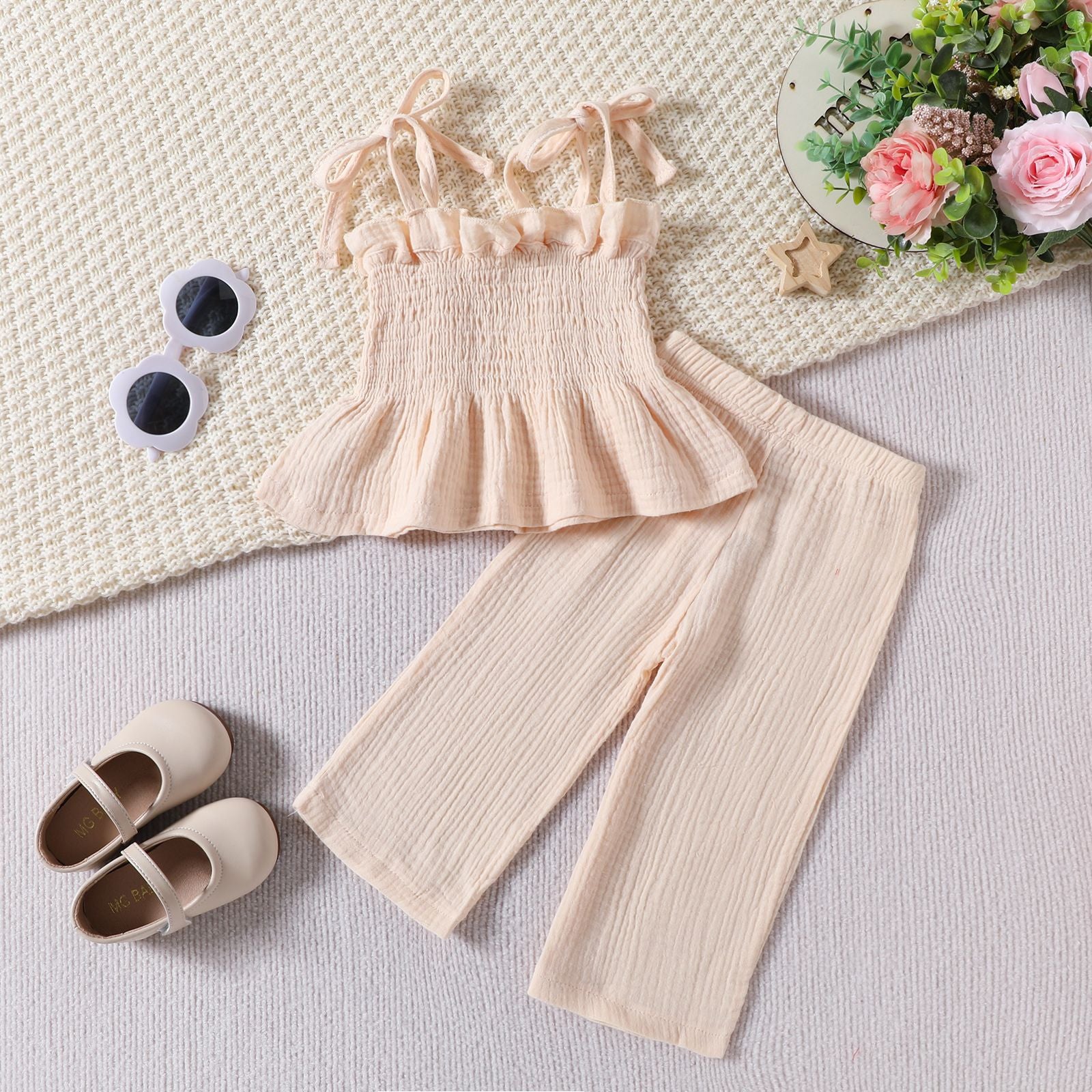 Filles Dentelle-Trimmed sangle droit-leg pantalons ensemble deux pièces