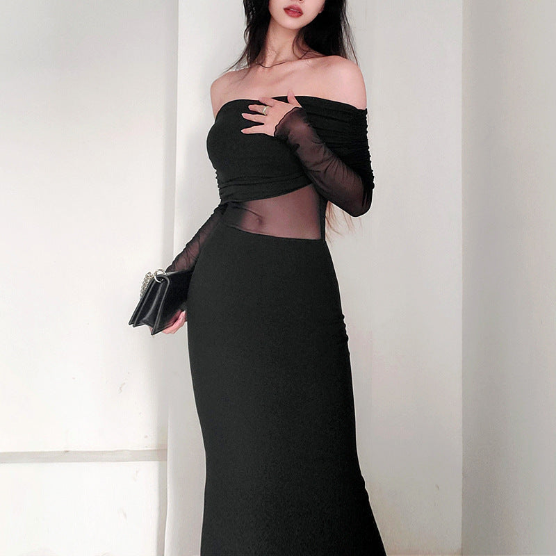 Robe de polyester à manches longues plissées pour femmes en hiver sexy