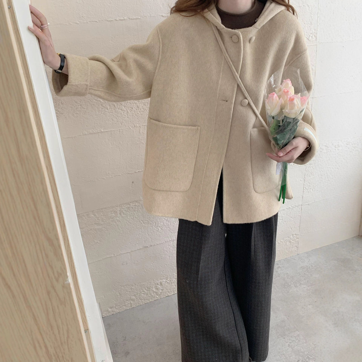 Manteau en laine à capuche alpaga