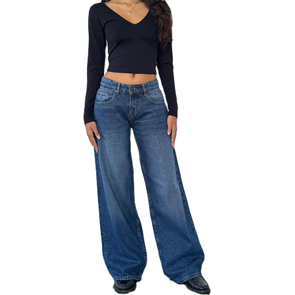 American Style Retro Low Waist Non élastique Lavé droit Jeans Femme Autumn Street Wid