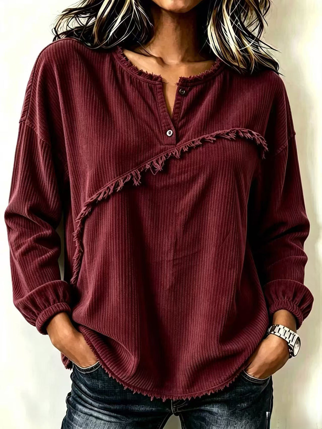 Femmes Col de Henley Corduroy Top avec Tasseaux Raw-edge