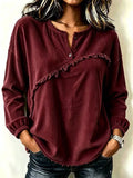 Femmes Col de Henley Corduroy Top avec Tasseaux Raw-edge