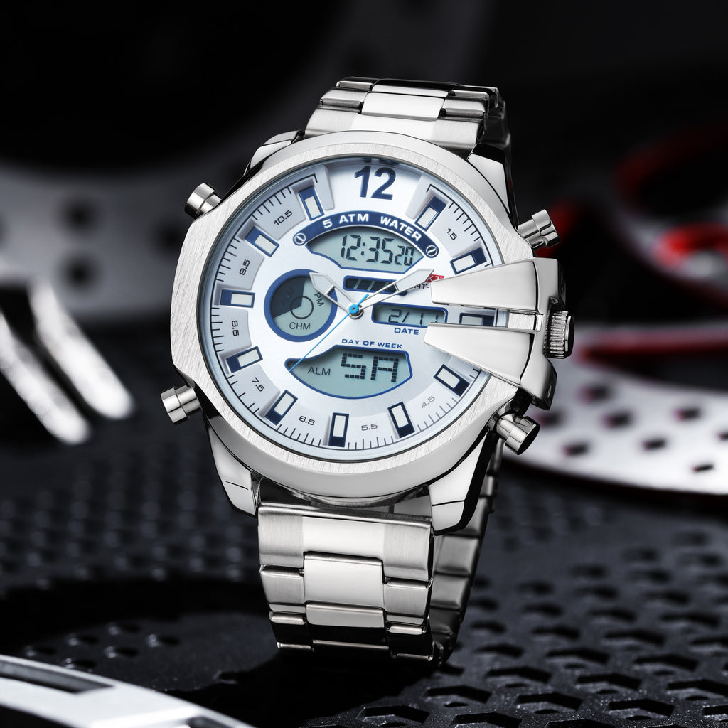 Homme double affichage réveil Led Sports Montre en acier étanche
