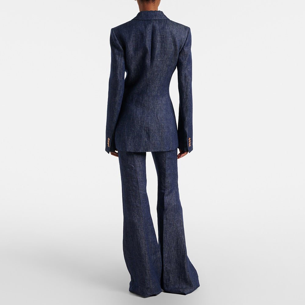 Pantalon texturé à simple bouton Peak Lapel Blazer & High Waist Flared Floor-Length Pantalons à deux pièces