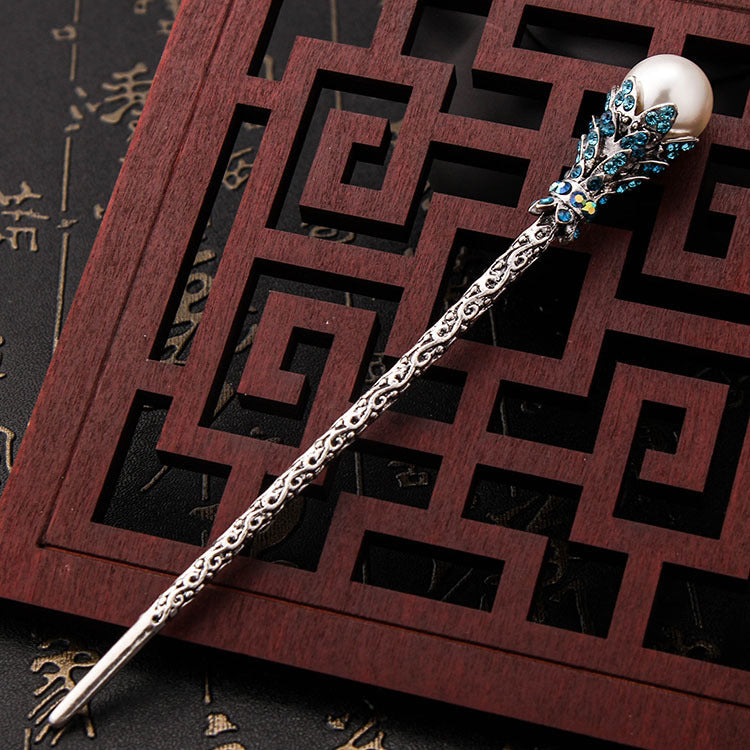 Vintage bronze hair pin with Rhinestones and Pearls